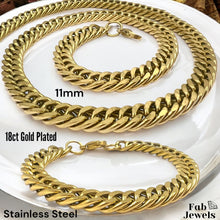 Load image into Gallery viewer, 18ct Gold Plated Stainless Steel 11mm Cuban Set Necklace and Matching Bracelet