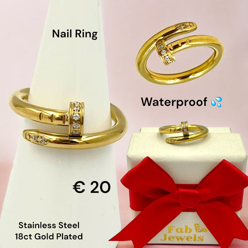 18ct Yellow Gold Plated Stainless Steel Nail Ring Waterproof with Cubic Zirconia