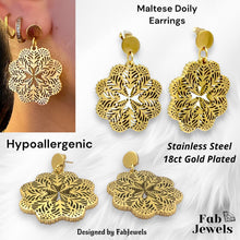 Load image into Gallery viewer, Gold Plated on Stainless Steel Maltese Cross Lace Doily Hypoallergenic Earrings