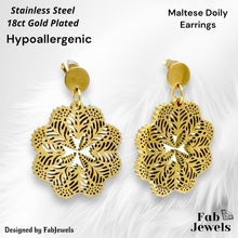 Load image into Gallery viewer, Gold Plated on Stainless Steel Maltese Cross Lace Doily Hypoallergenic Earrings