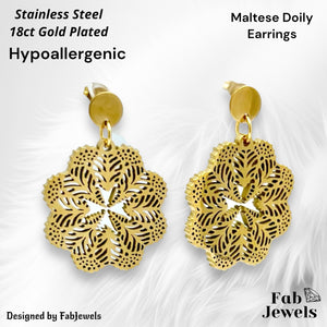 Gold Plated on Stainless Steel Maltese Cross Lace Doily Hypoallergenic Earrings