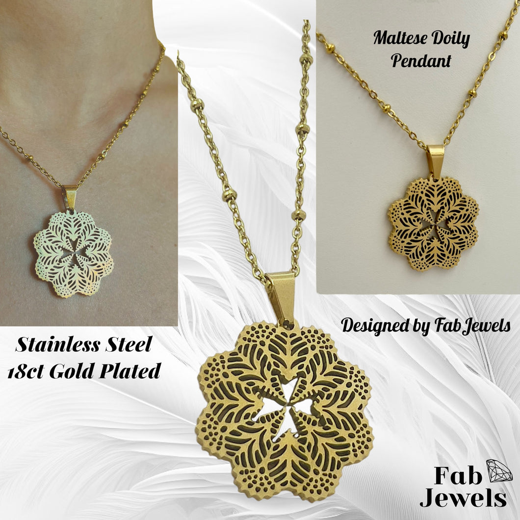 Gold Plated on Stainless Steel Maltese Cross Lace Doily Pendant Necklace