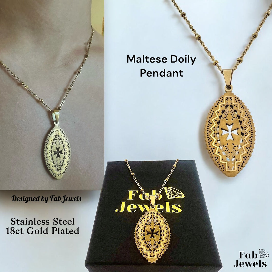 Gold Plated on Stainless Steel Maltese Cross Lace Doily Pendant Necklace