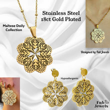 Load image into Gallery viewer, 18ct Gold Plated on Stainless Steel Maltese Cross Lace Doily   Set Pendant Hypoallergenic Earrings Ball Chain