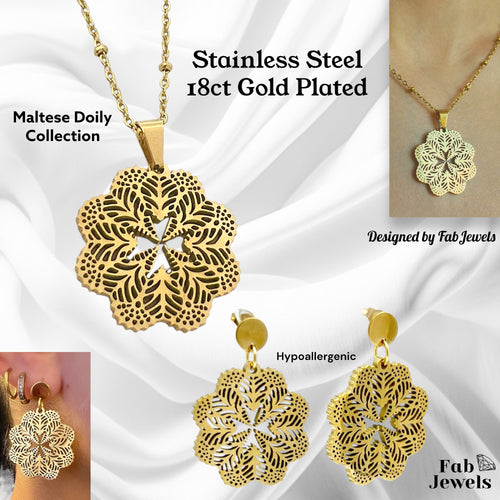 18ct Gold Plated on Stainless Steel Maltese Cross Lace Doily   Set Pendant Hypoallergenic Earrings Ball Chain