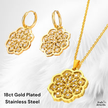 Load image into Gallery viewer, Stainless Steel Yellow Gold Plated Flower Set Necklace and Matching Earrings with Cubic Zirconia