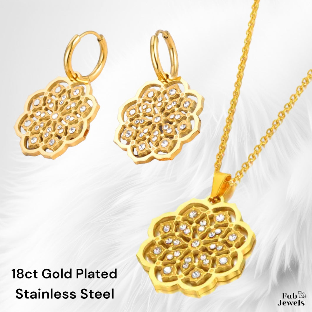 Stainless Steel Yellow Gold Plated Flower Set Necklace and Matching Earrings with Cubic Zirconia