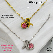 Load image into Gallery viewer, Stainless Steel 18ct Gold Plated Ribbon Necklace with Pink Stone Breast Cancer Awareness