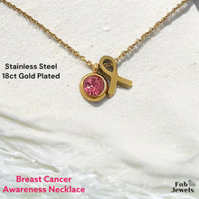 Load image into Gallery viewer, Stainless Steel 18ct Gold Plated Ribbon Necklace with Pink Stone Breast Cancer Awareness