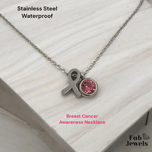 Load image into Gallery viewer, Stainless Steel 18ct Gold Plated Ribbon Necklace with Pink Stone Breast Cancer Awareness