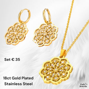 Stainless Steel Yellow Gold Plated Flower Set Necklace and Matching Earrings with Cubic Zirconia