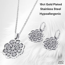 Load image into Gallery viewer, Stainless Steel Yellow Gold Plated Flower Set Necklace and Matching Earrings with Cubic Zirconia