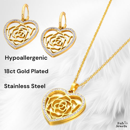 Stainless Steel Yellow Gold Plated Heart Set Necklace and Matching Earrings with Cubic Zirconia