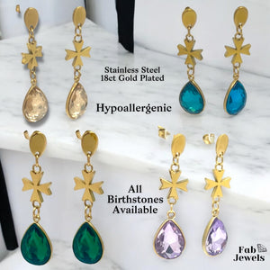 Stainless Steel Hypoallergenic Maltese Cross Birthstone Dangling Earrings