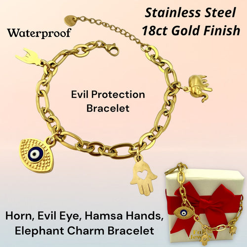 18ct Gold Plated Stainless Steel Evil Eye Protection Horn Hamsa Hand Elephant Charm Bracelet