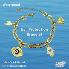 Load image into Gallery viewer, 18ct Gold Plated Stainless Steel Evil Eye Protection Horn Hamsa Hand Elephant Charm Bracelet