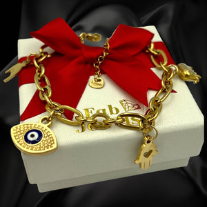 18ct Gold Plated Stainless Steel Evil Eye Protection Horn Hamsa Hand Elephant Charm Bracelet