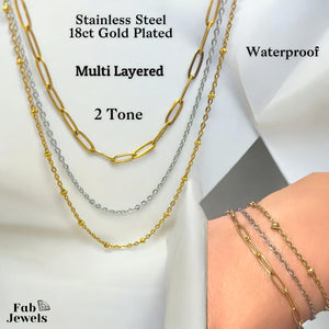 2 Tone Stainless Steel Yellow and White Gold Plated Set Multi Layered Necklace Matching Bracelet