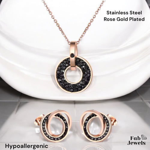 Stainless Steel Rose Gold Plated with Black Swarovski Crystals Set Earrings Matching Necklace