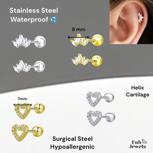 Stainless Steel 316L Hypoallergenic Gold Plated Surgical Steel Stud Earrings Piercing Heart Crown