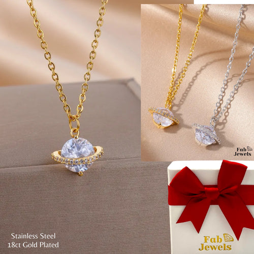 Stainless Steel Yellow Gold Plated Necklace with Sparkling Round Cubic Zirconia Pendant