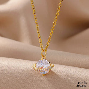 Stainless Steel Yellow Gold Plated Necklace with Sparkling Round Cubic Zirconia Pendant