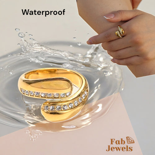 18ct Gold Plated on Stainless Steel Adjustable Ring Waterproof with Cubic Zirconia