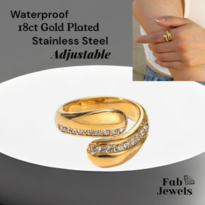 18ct Gold Plated on Stainless Steel Adjustable Ring Waterproof with Cubic Zirconia