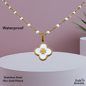 18ct Gold Plated Stainless Steel Clover Maltese Cross Pendant with white Ball Chain Necklace