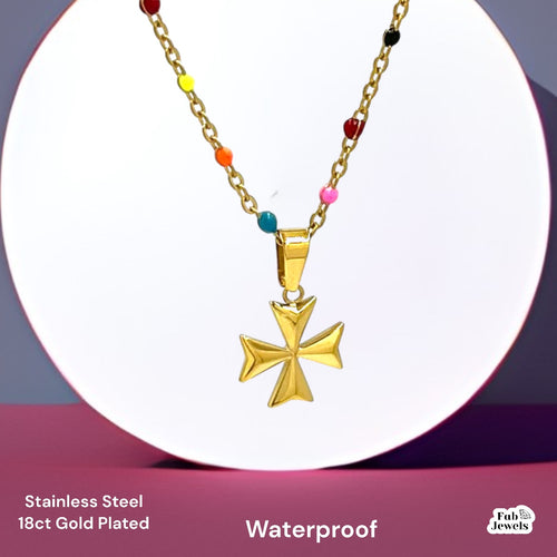 18ct Gold Plated Stainless Steel 3D Maltese Cross Pendant with Multi Colored Ball Chain Necklace