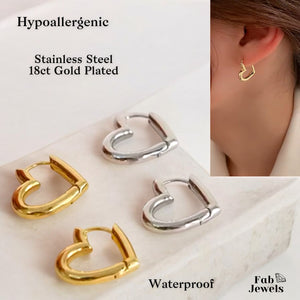 Gold Plated Stainless Steel Hypoallergenic Heart Hoop Loop Earrings