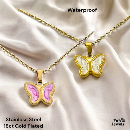 18ct Gold Plated on Stainless Steel Pink White Butterfly Pendant with Necklace