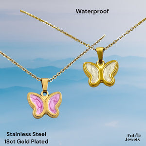 18ct Gold Plated on Stainless Steel Pink White Butterfly Pendant with Necklace