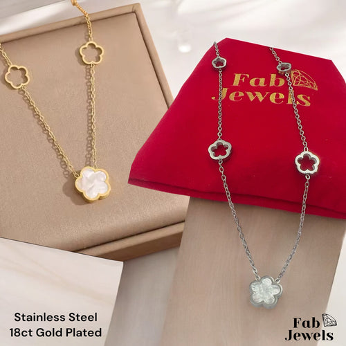 Yellow Gold Plated Stainless Steel Clover Flower Necklace with Mother of Pearl