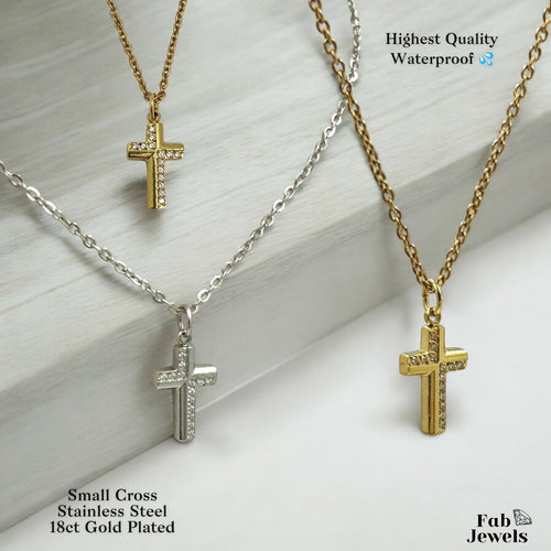 18ct Gold Plated Waterproof Small Cross Pendant with Cubic Zirconia Stainless Steel Necklace