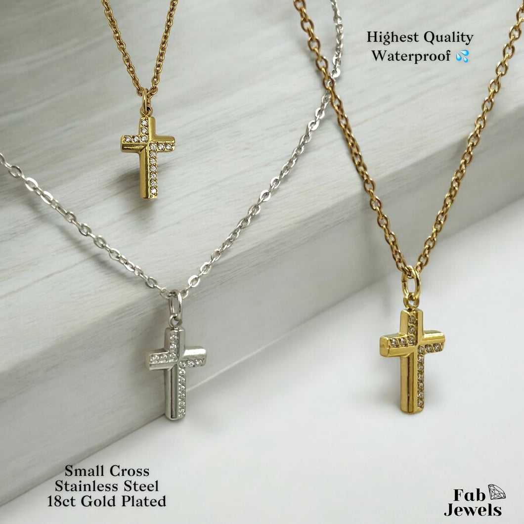 18ct Gold Plated Waterproof Small Cross Pendant with Cubic Zirconia Stainless Steel Necklace