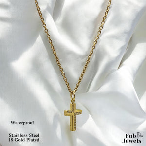 18ct Gold Plated Waterproof Small Cross Pendant with Cubic Zirconia Stainless Steel Necklace