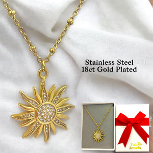Stainless Steel 18ct Gold Plated Sun Pendant with Cubic Zirconias Necklace Included