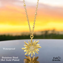 Load image into Gallery viewer, Stainless Steel 18ct Gold Plated Sun Pendant with Cubic Zirconias Necklace Included