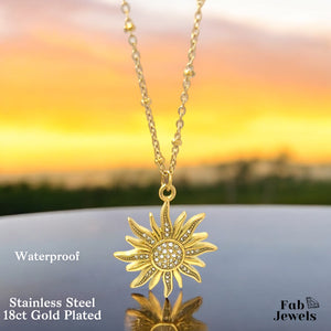 Stainless Steel 18ct Gold Plated Sun Pendant with Cubic Zirconias Necklace Included