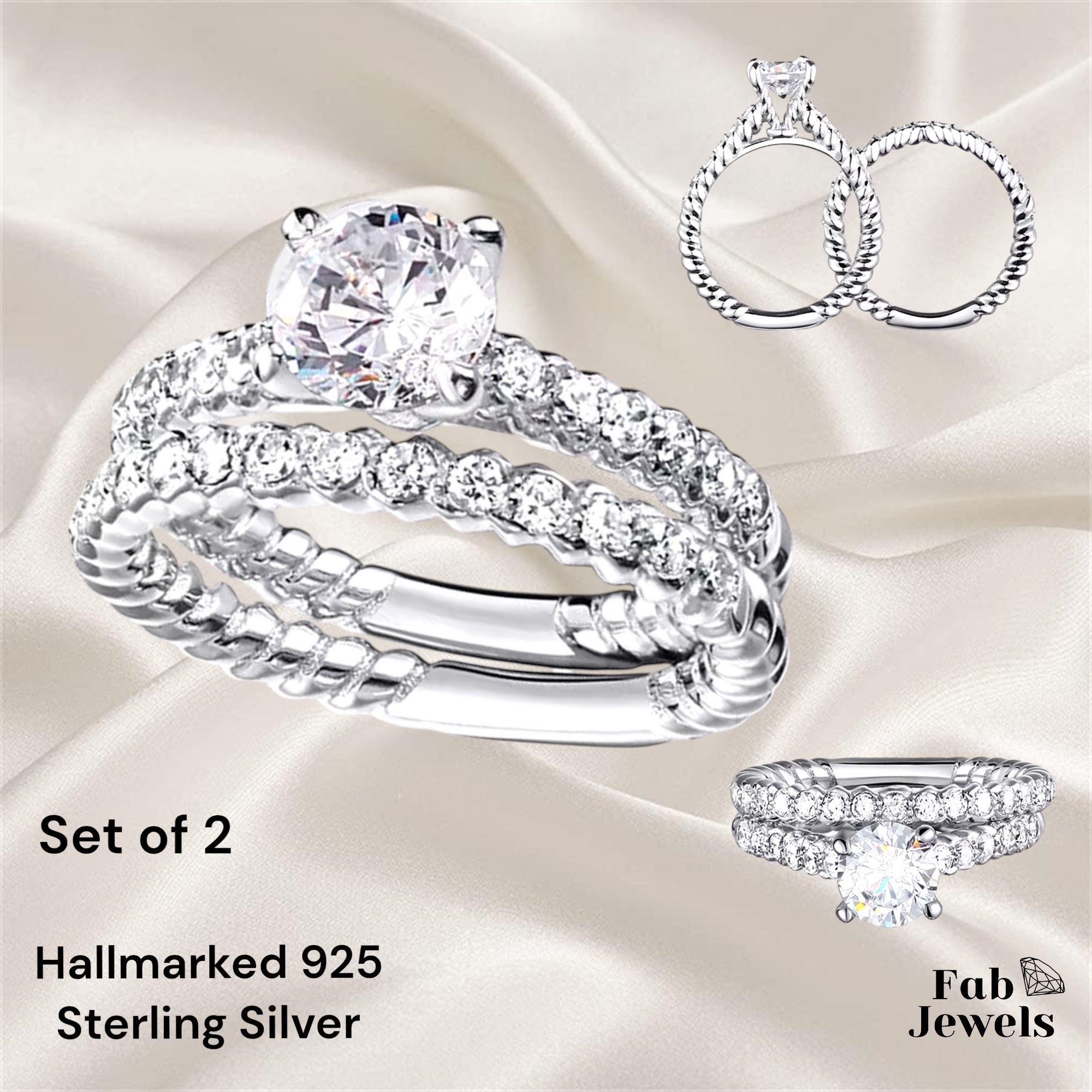 Highest Quality Hallmarked Sterling Silver 925 2 in 1 Set Ring Waterpr FabJewels 4less