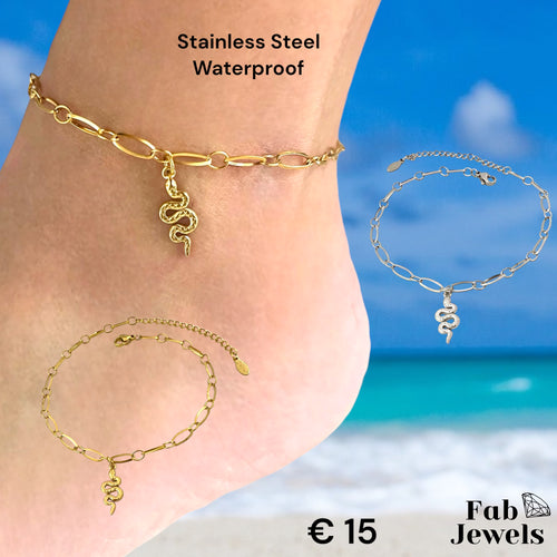 Stainless Steel 316L Snake Charm Anklet Ankle Chain Yellow Gold Plated Silver Waterproof