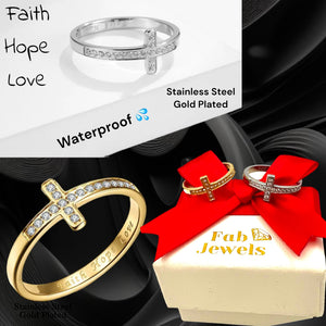 18ct Gold Plated Stainless Steel WaterProof Cross Ring Faith Hope Love Engraved