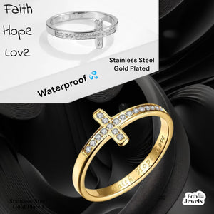 18ct Gold Plated Stainless Steel WaterProof Cross Ring Faith Hope Love Engraved