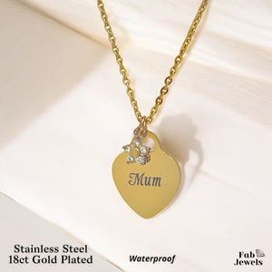 18ct  Gold Finish on Stainless Steel Mum Heart Pendant with Flower Charm Necklace Included