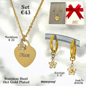18ct  Gold Plated on Stainless Steel Mum Heart Set Earrings Pendant with Flower Charm Necklace Included