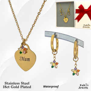 18ct  Gold Plated on Stainless Steel Mum Heart Set Earrings Pendant with Flower Charm Necklace Included