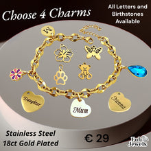 Load image into Gallery viewer, Stainless Steel 18ct Gold Plated Charm Bracelet Mum Nanna Daughter with Personalised Birthstone Initial
