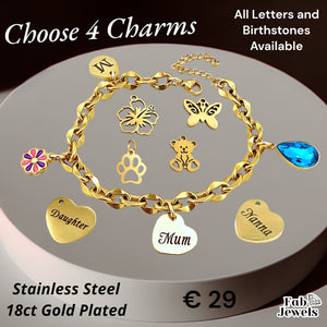 Stainless Steel 18ct Gold Plated Charm Bracelet Mum Nanna Daughter with Personalised Birthstone Initial