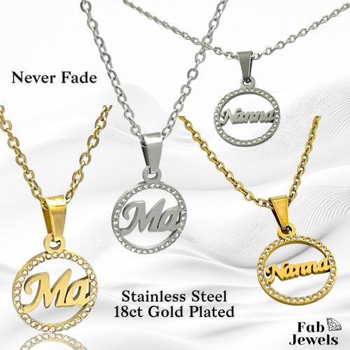 18ct Gold Plated on Stainless Steel Ma Nanna Pendant with Sparkling Cubic Zirconia Necklace Included